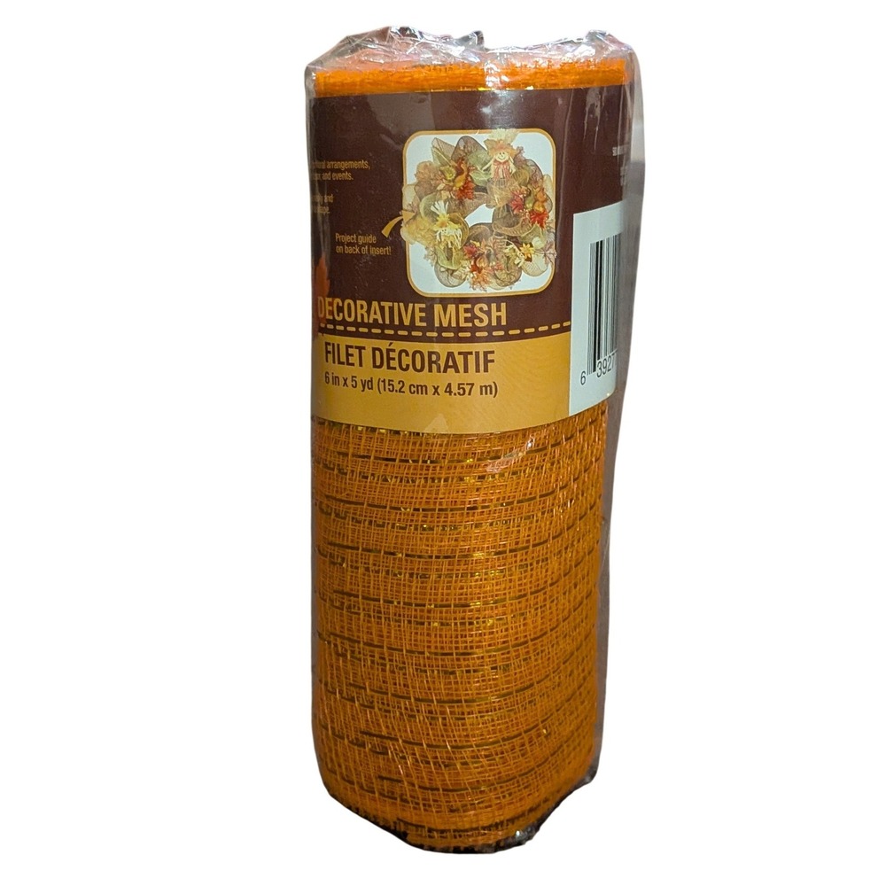 Orange Decorative Mesh Ribbon with Gold Metallic Tinsel 6in x 5yd Fall Craft DIY